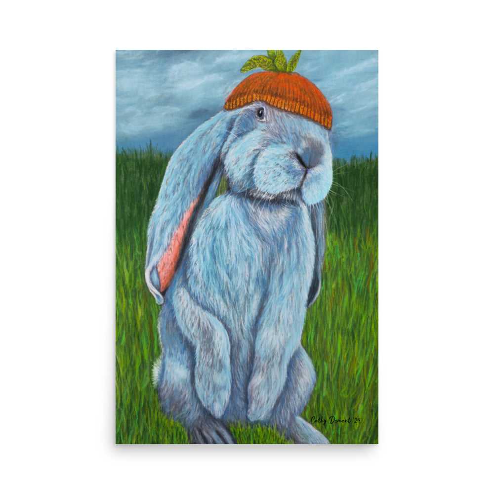 Giclée Print -Carrot Couture - Whimsical Rabbit in Knit Carrot Cap, Wall Art by Cathy Dement