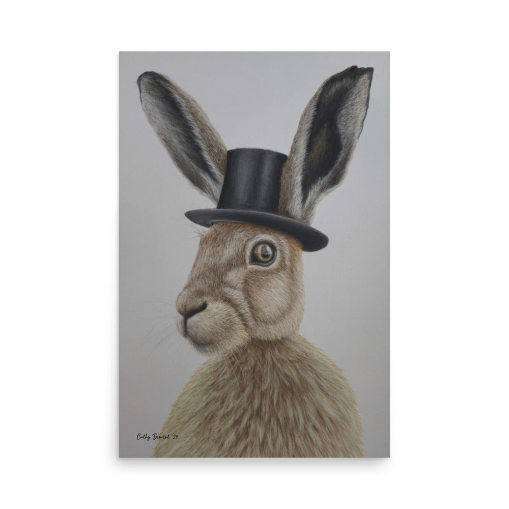 Giclée Print - Dapper Aristohare - Whimsical Rabbit in Top Hat Artwork by Cathy Dement. Wall Art