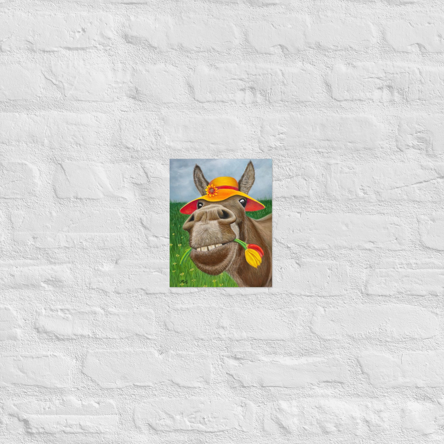 Giclée Print - The Tulip Thief: Whimsical Donkey In Floppy Hat Artwork