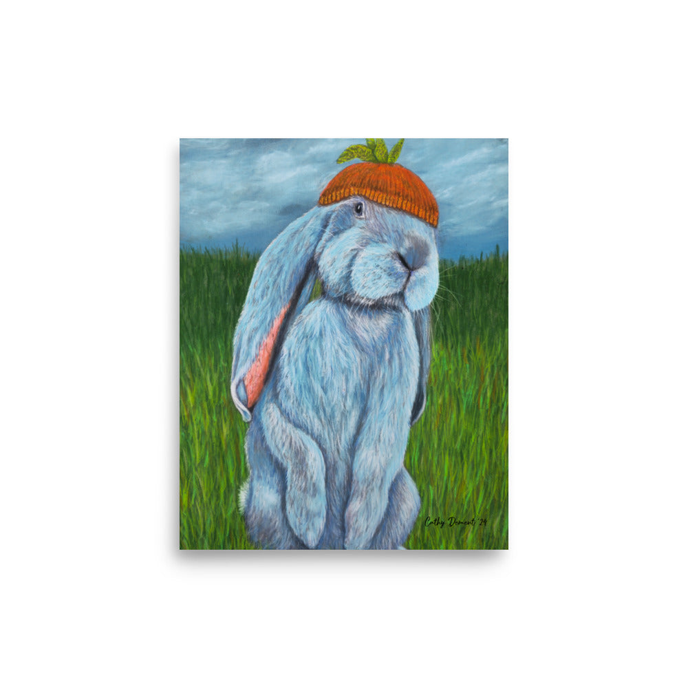 Giclée Print -Carrot Couture - Whimsical Rabbit in Knit Carrot Cap, Wall Art by Cathy Dement