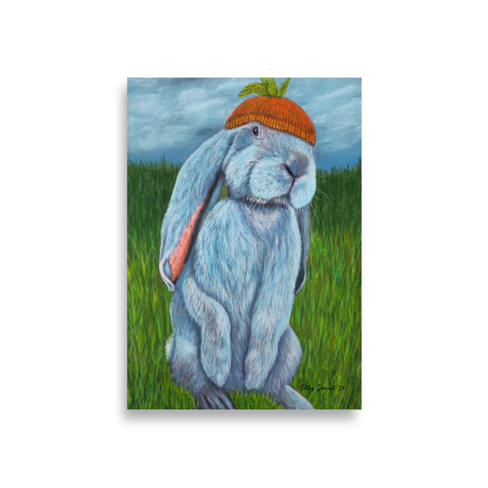 Giclée Print -Carrot Couture - Whimsical Rabbit in Knit Carrot Cap, Wall Art by Cathy Dement