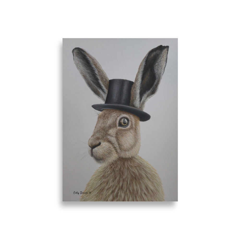 Giclée Print - Dapper Aristohare - Whimsical Rabbit in Top Hat Artwork by Cathy Dement. Wall Art