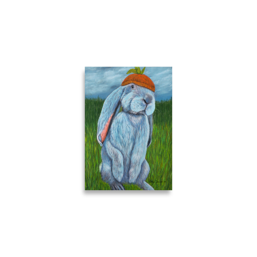 Giclée Print -Carrot Couture - Whimsical Rabbit in Knit Carrot Cap, Wall Art by Cathy Dement