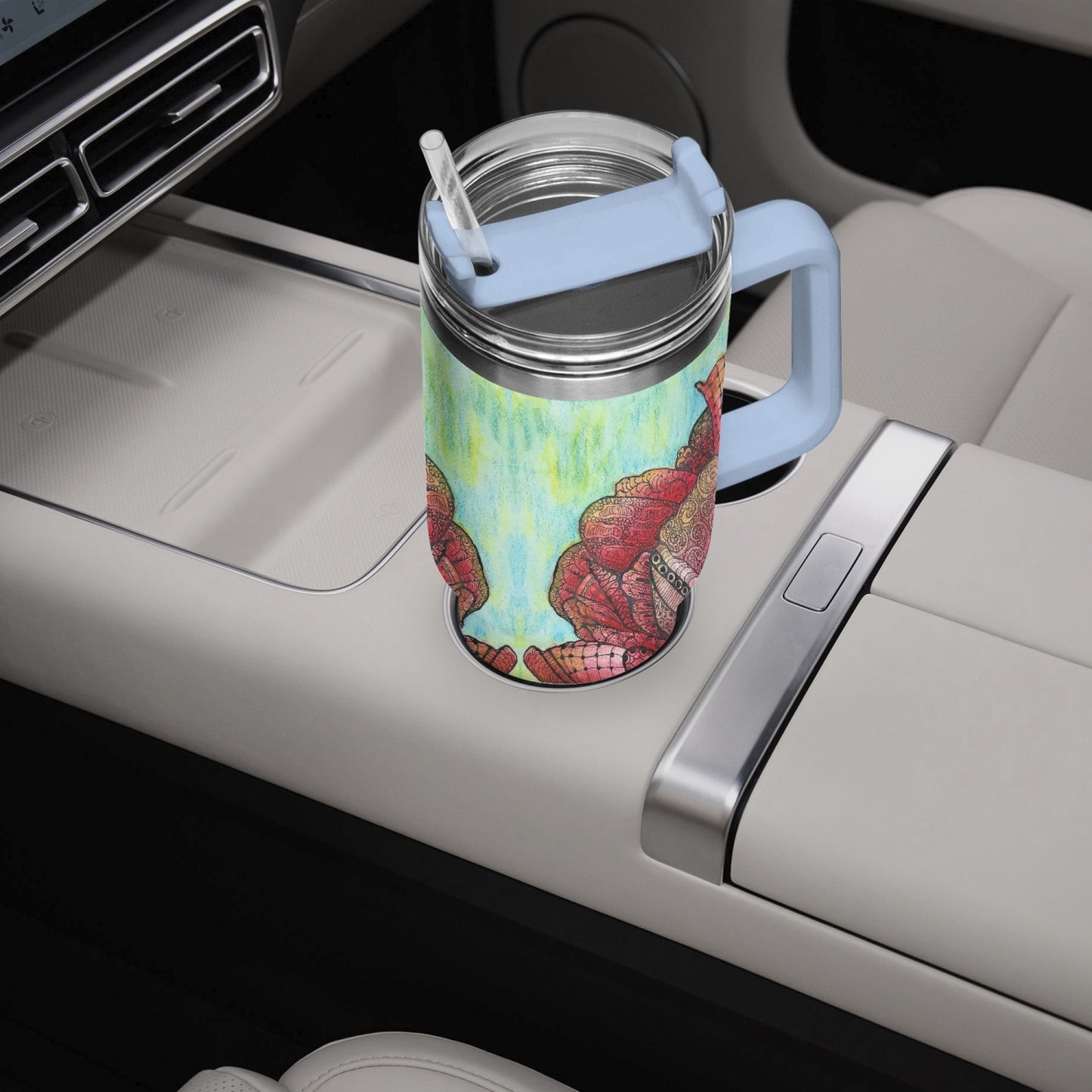 40oz Car Tumbler Cup - Zen Floral Harmony - Colorful Zentangle Flower Artwork Design