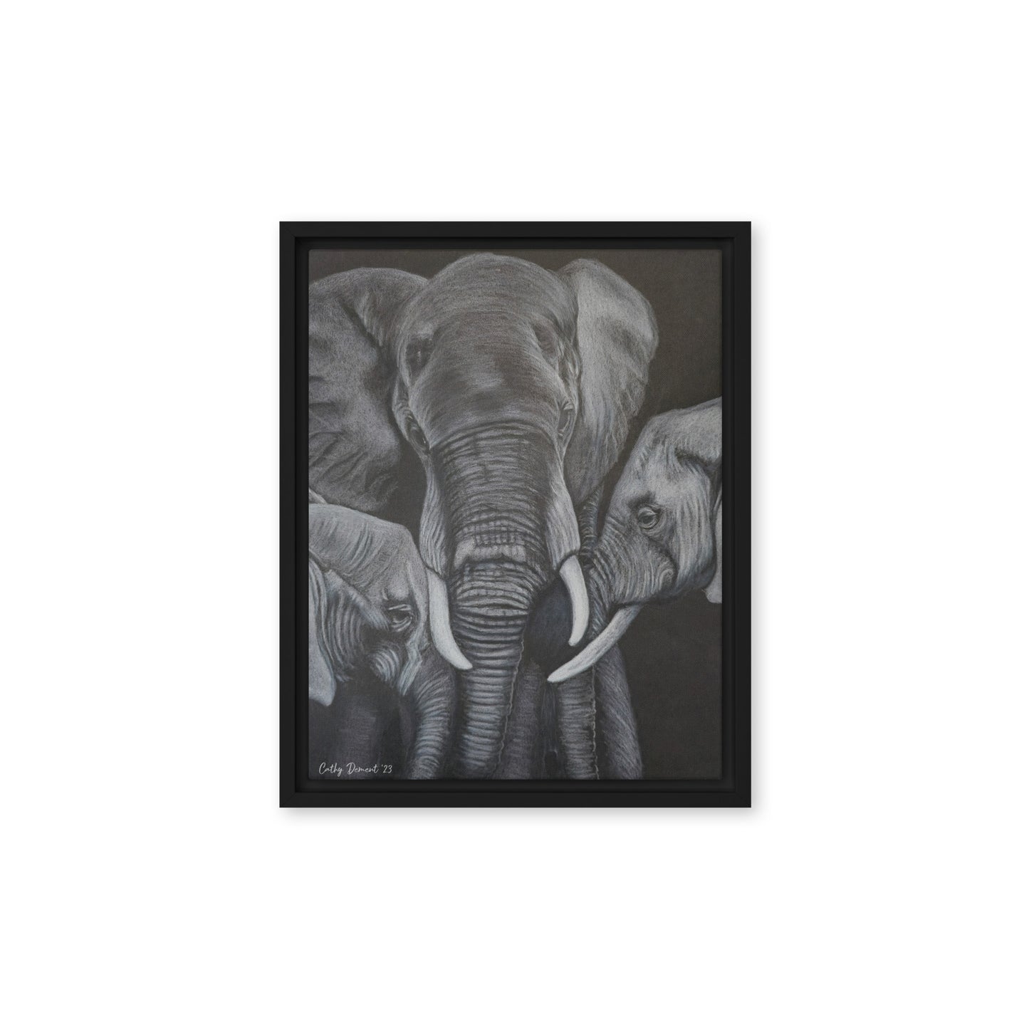 Framed Canvas Print - Strength in Numbers - Monochrome Elephant Family Artwork, Wall Art by Cathy Dement