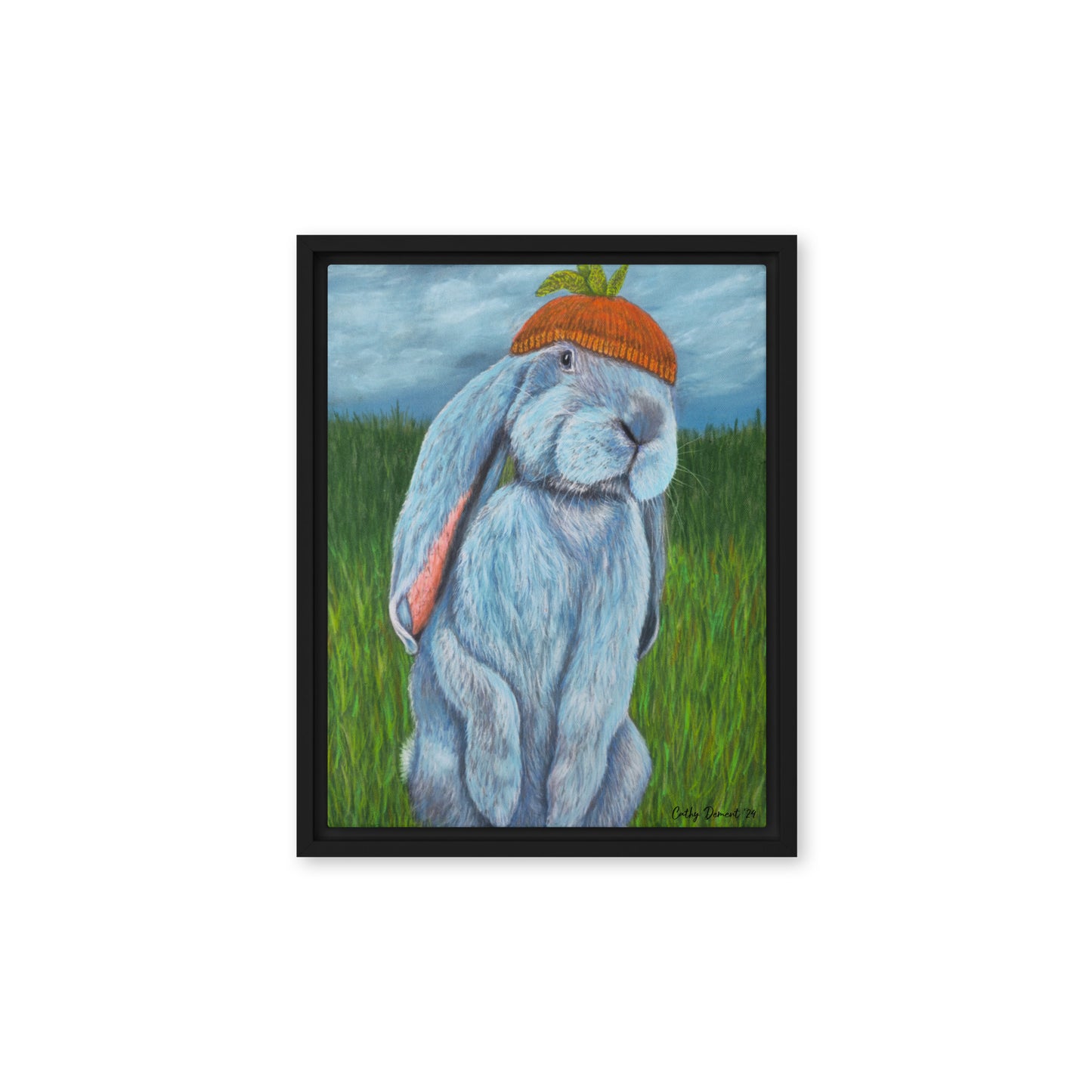 Framed Canvas Print - Carrot Couture, Whimsical Rabbit in Knit Carrot Cap, Wall Art by Cathy Dement