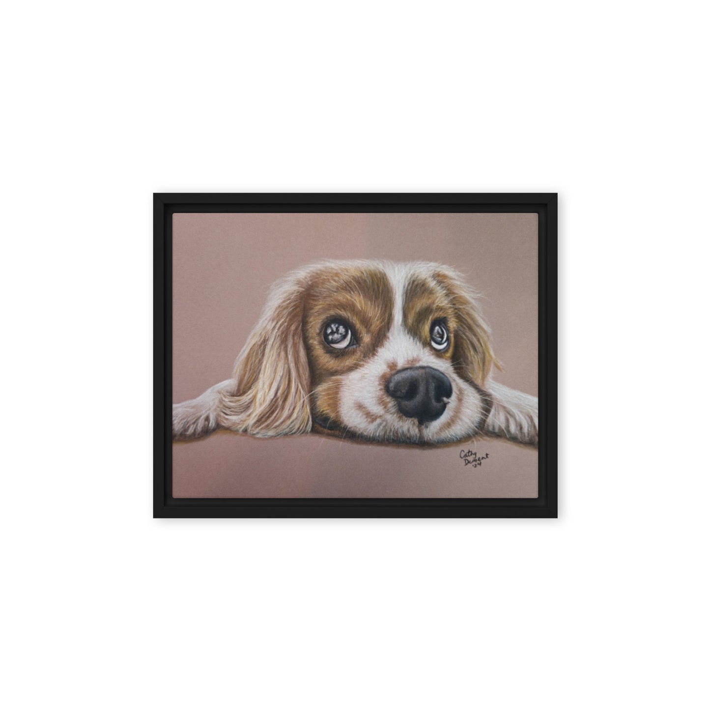 Framed Canvas Print - Cavalier Curiosity, King Charles Cavalier Spaniel Artwork, Cute Dog Wall Art by Cathy Dement, 3 Frame Colors