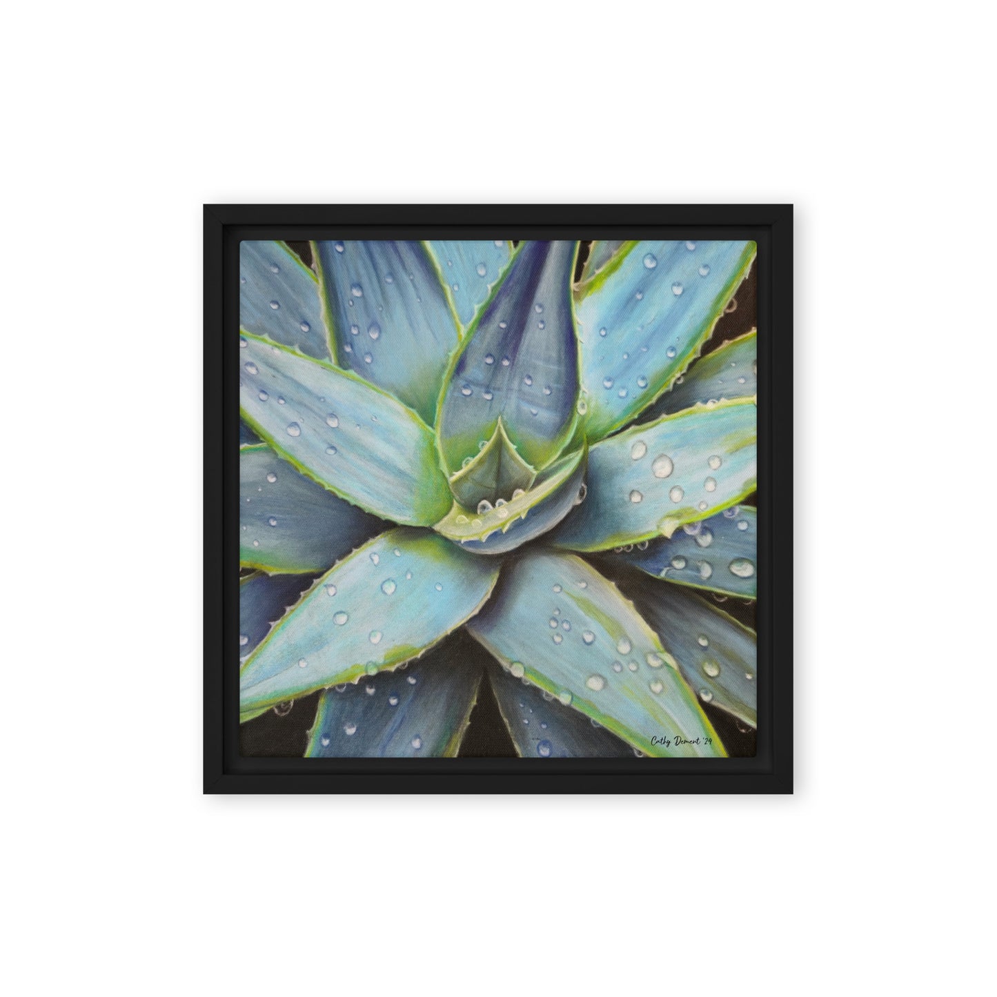 Framed Canvas Print - Desert Jewel , Vibrant Agave Plant with Dew Drops, Wall Art by Cathy Dement | 3 Frame Colors to Choose From