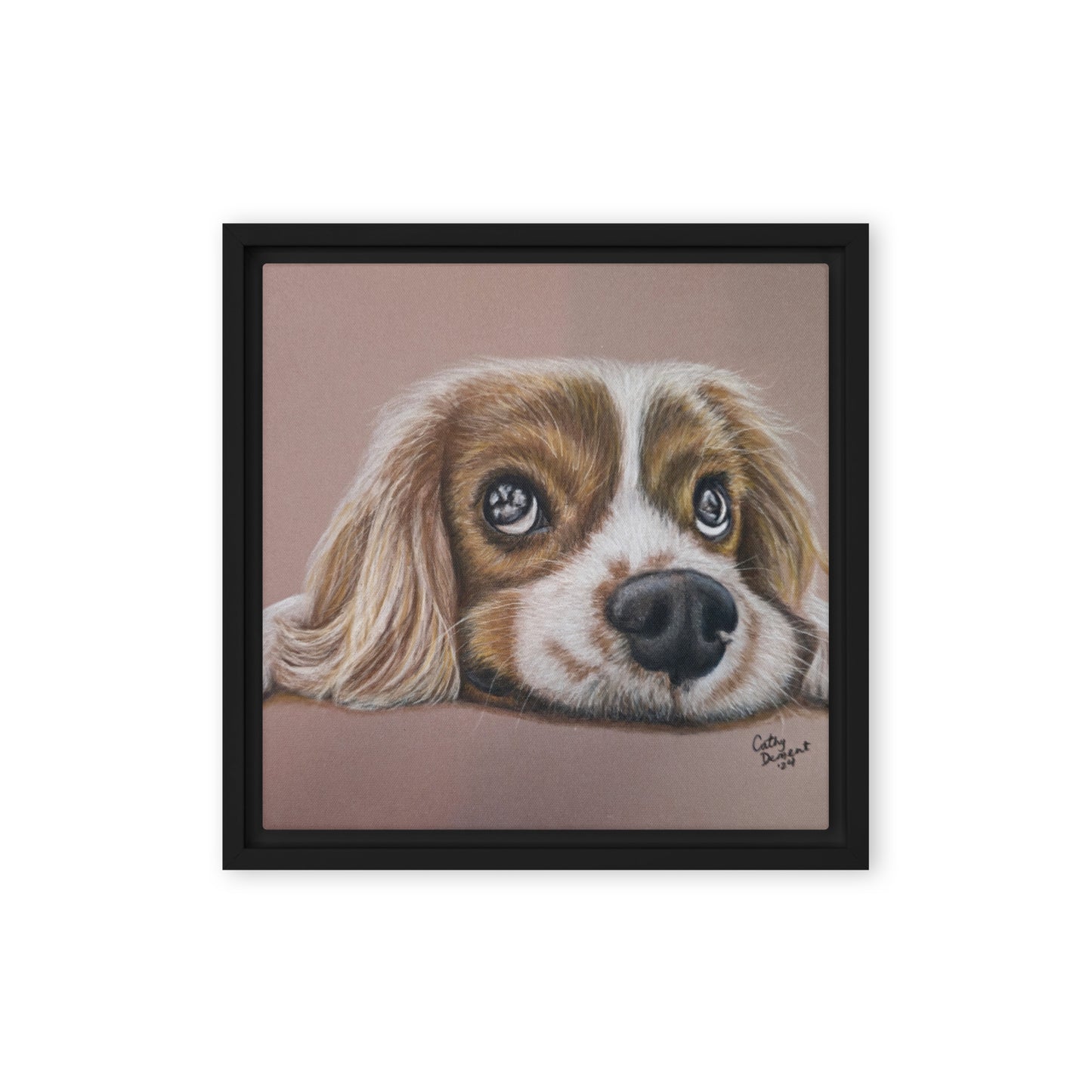 Framed Canvas Print - Cavalier Curiosity, King Charles Cavalier Spaniel Artwork, Cute Dog Wall Art by Cathy Dement, 3 Frame Colors