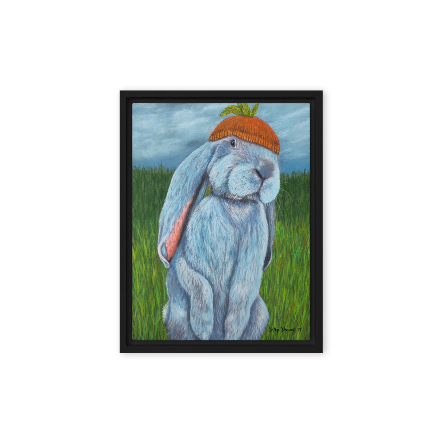 Framed Canvas Print - Carrot Couture, Whimsical Rabbit in Knit Carrot Cap, Wall Art by Cathy Dement