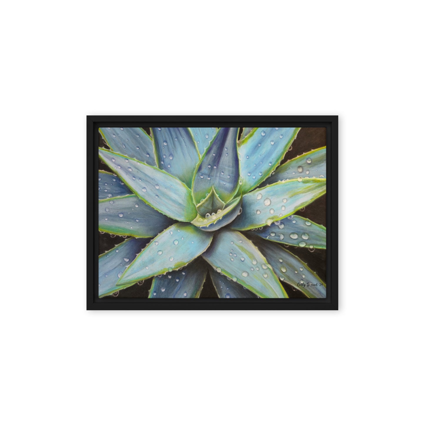 Framed Canvas Print - Desert Jewel , Vibrant Agave Plant with Dew Drops, Wall Art by Cathy Dement | 3 Frame Colors to Choose From