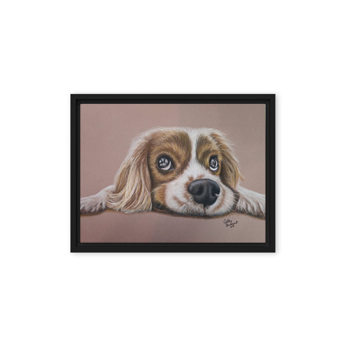 Framed Canvas Print - Cavalier Curiosity, King Charles Cavalier Spaniel Artwork, Cute Dog Wall Art by Cathy Dement, 3 Frame Colors