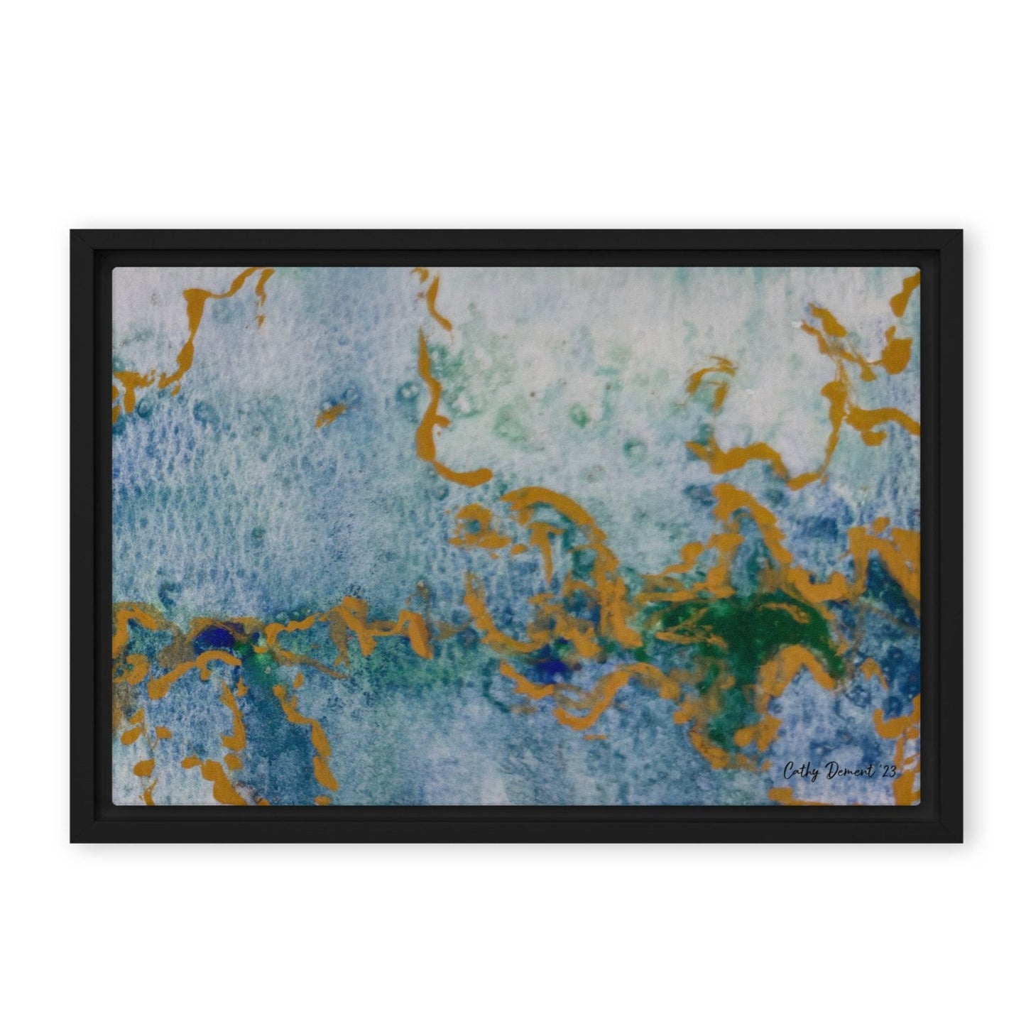 Celestial Dreamscape #1 - Abstract Watercolor Framed Canvas, Blue, Green, and Gold Print