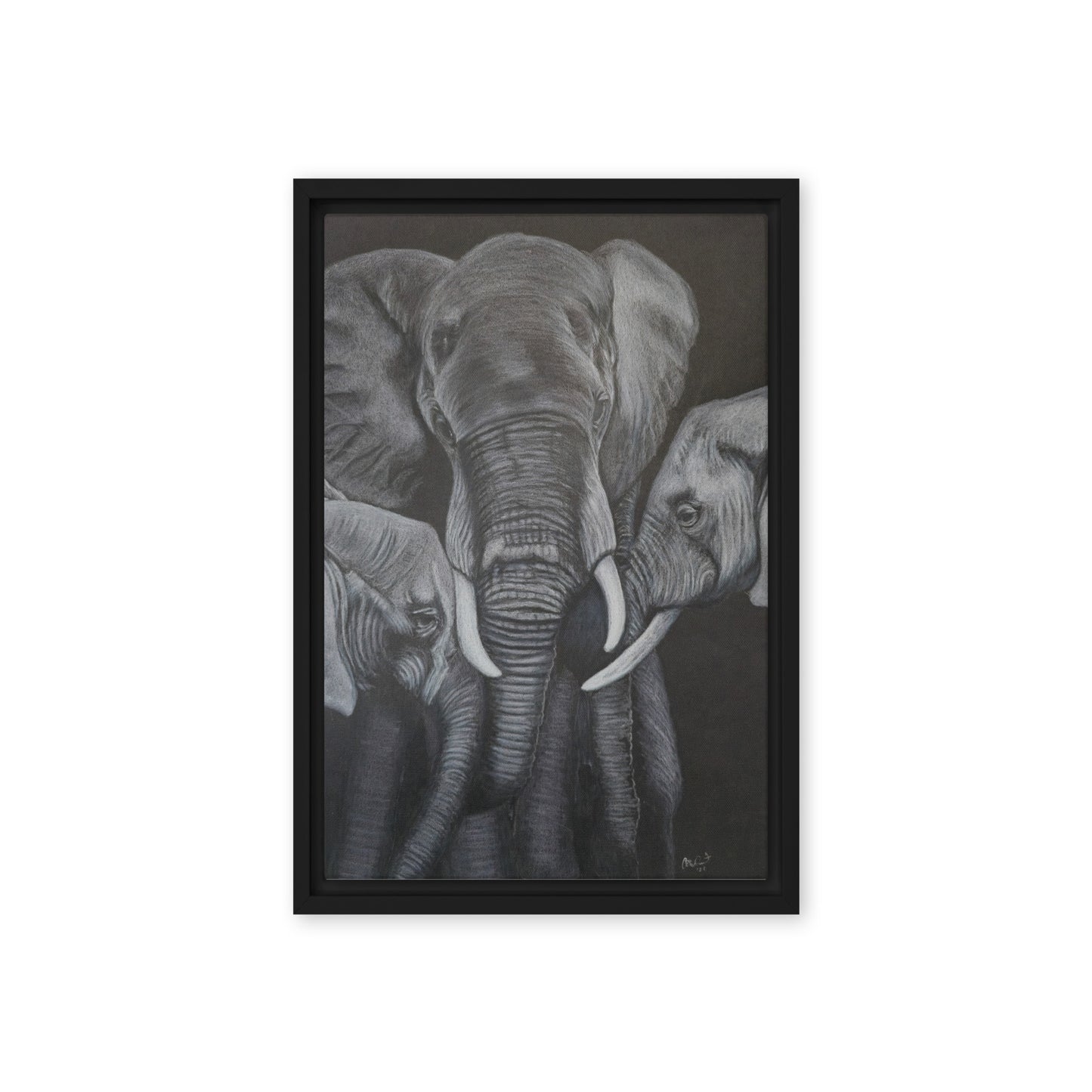 Framed Canvas Print - Strength in Numbers - Monochrome Elephant Family Artwork, Wall Art by Cathy Dement