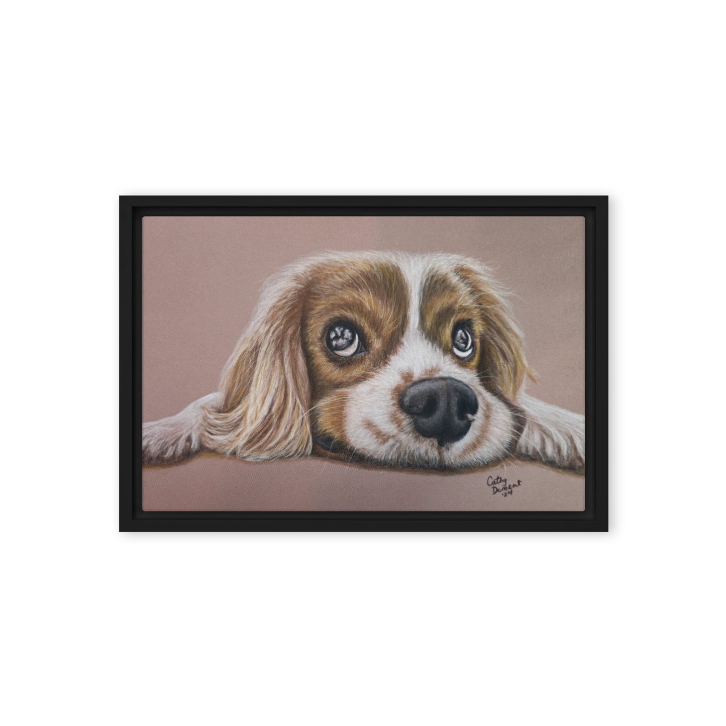 Framed Canvas Print - Cavalier Curiosity, King Charles Cavalier Spaniel Artwork, Cute Dog Wall Art by Cathy Dement, 3 Frame Colors