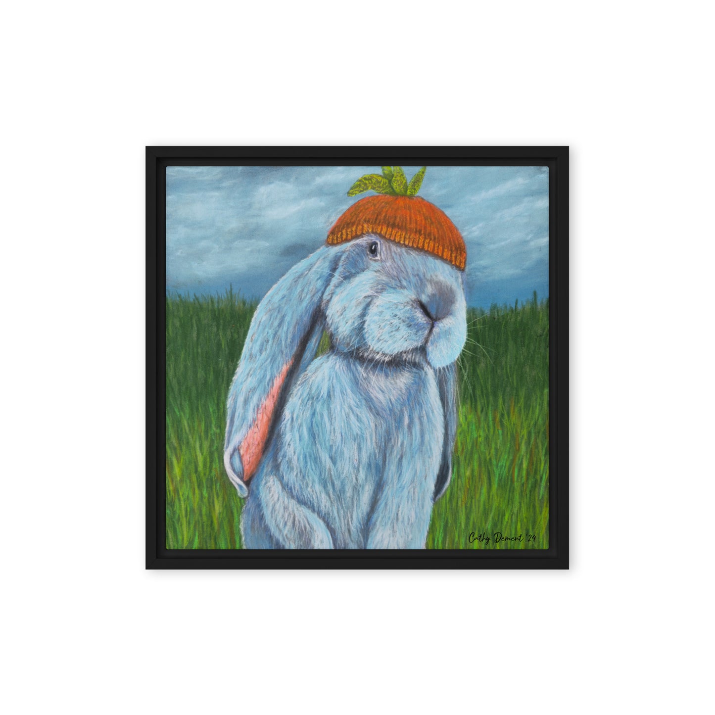 Framed Canvas Print - Carrot Couture, Whimsical Rabbit in Knit Carrot Cap, Wall Art by Cathy Dement