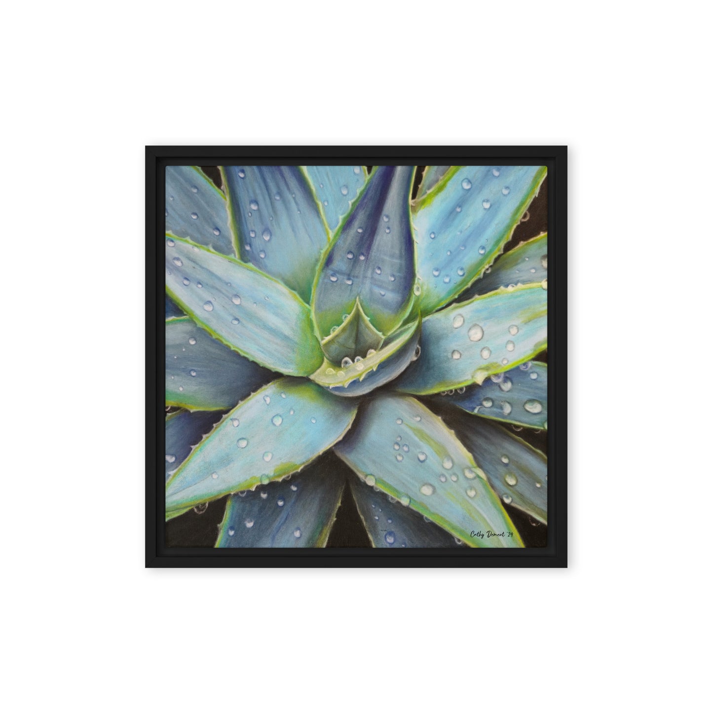 Framed Canvas Print - Desert Jewel , Vibrant Agave Plant with Dew Drops, Wall Art by Cathy Dement | 3 Frame Colors to Choose From