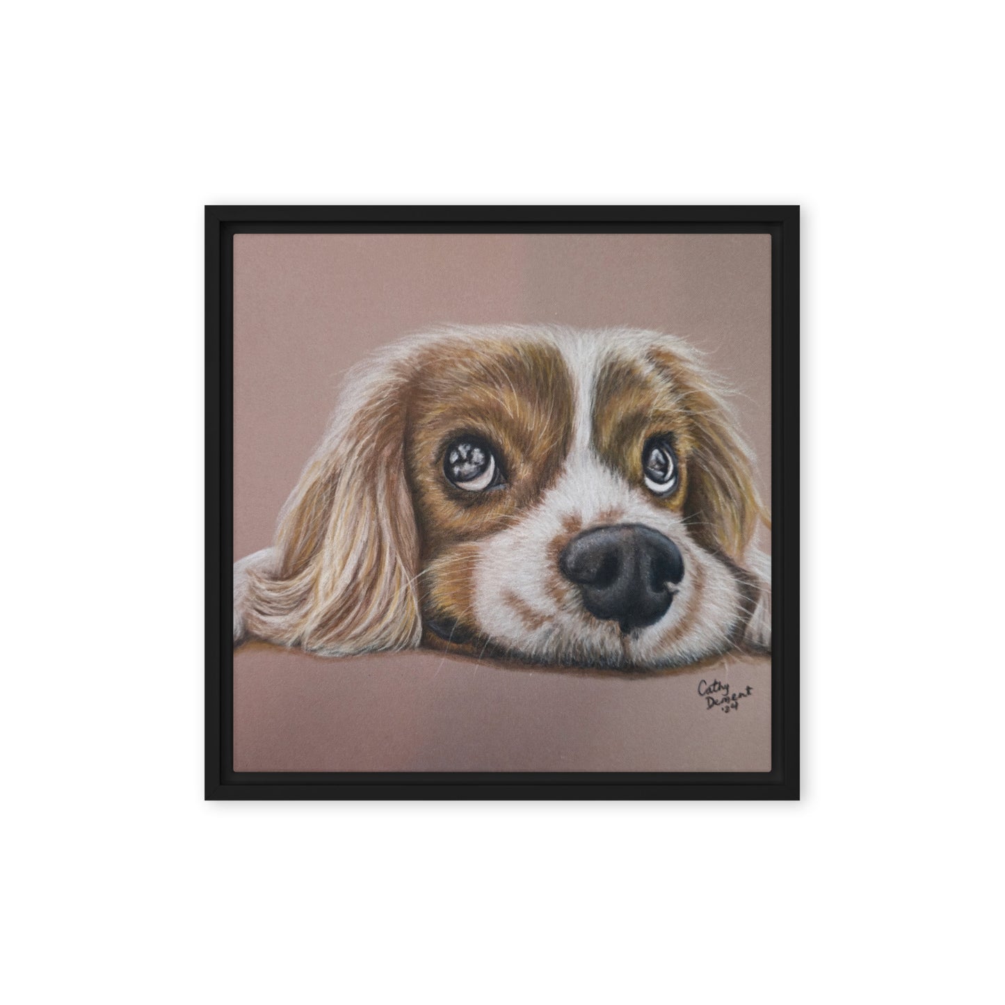 Framed Canvas Print - Cavalier Curiosity, King Charles Cavalier Spaniel Artwork, Cute Dog Wall Art by Cathy Dement, 3 Frame Colors