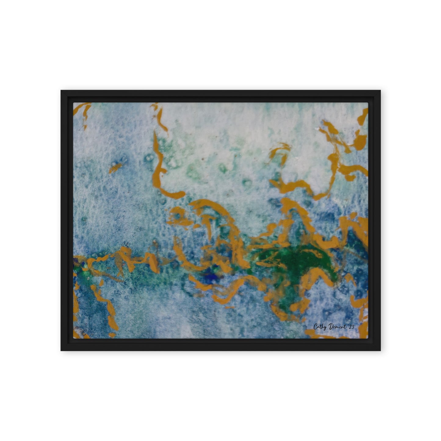 Framed Canvas Print - Celestial Dreamscape #1 - Abstract Watercolor, Blue, Green, and Gold Print, Wall Art