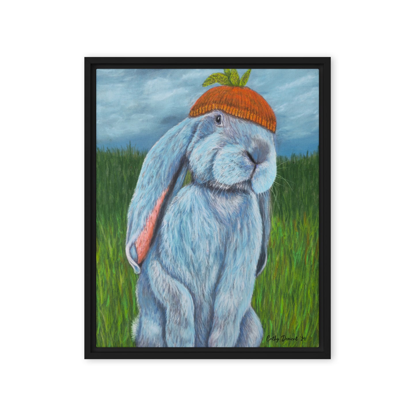 Framed Canvas Print - Carrot Couture, Whimsical Rabbit in Knit Carrot Cap, Wall Art by Cathy Dement