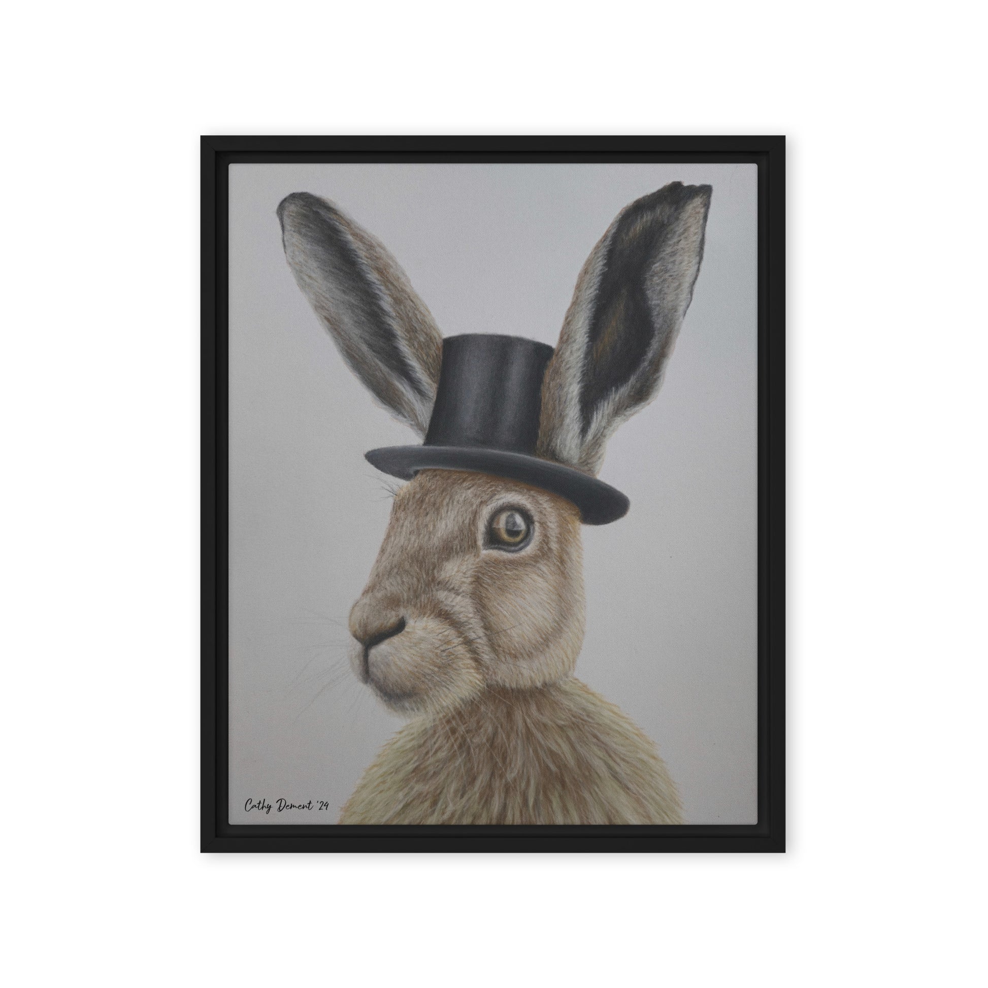 Dapper Aristohare Framed Canvas Print - Whimsical Rabbit in Top Hat Artwork by Cathy Dement, Wall Art