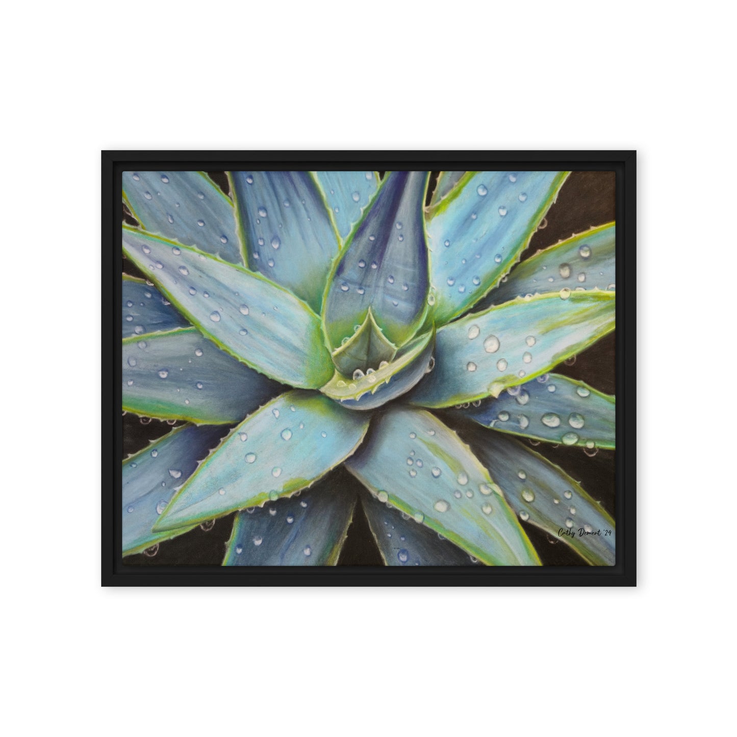 Framed Canvas Print - Desert Jewel , Vibrant Agave Plant with Dew Drops, Wall Art by Cathy Dement | 3 Frame Colors to Choose From