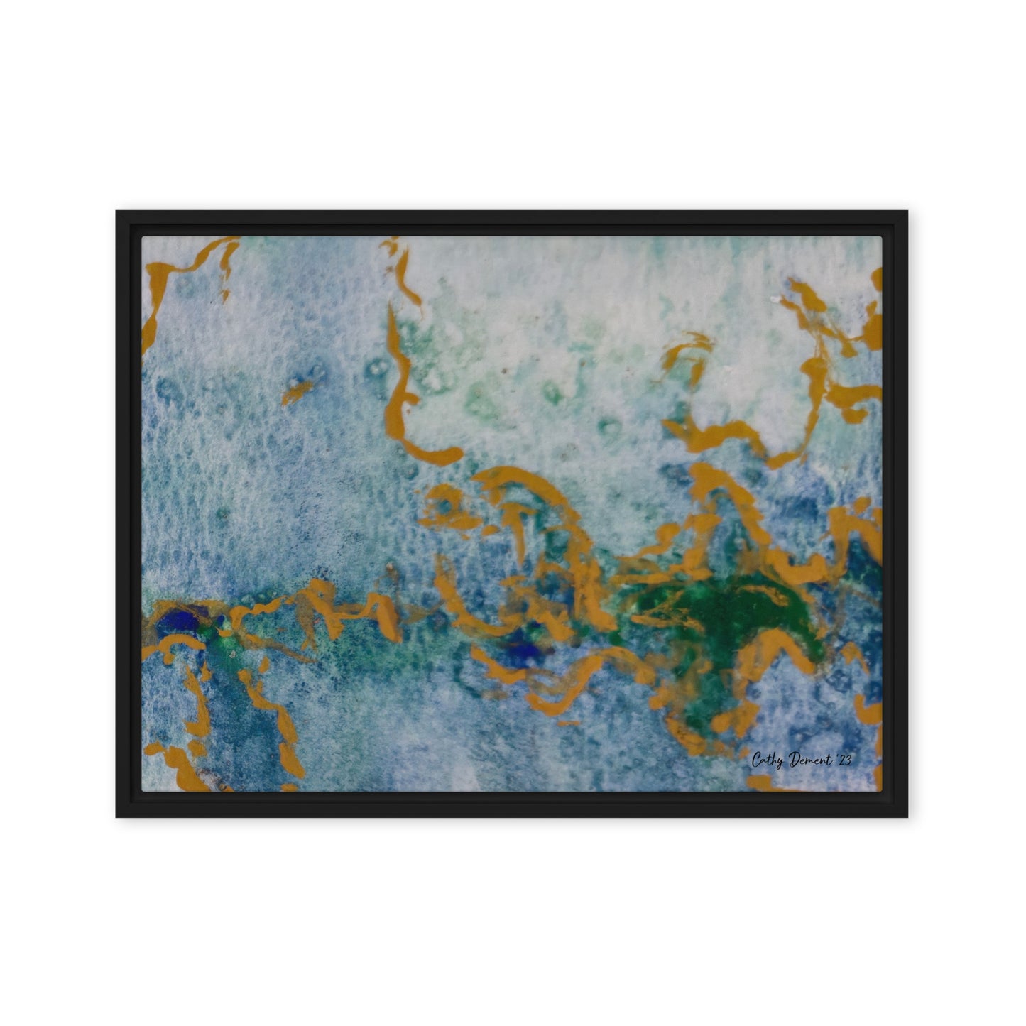 Framed Canvas Print - Celestial Dreamscape #1 - Abstract Watercolor, Blue, Green, and Gold Print, Wall Art