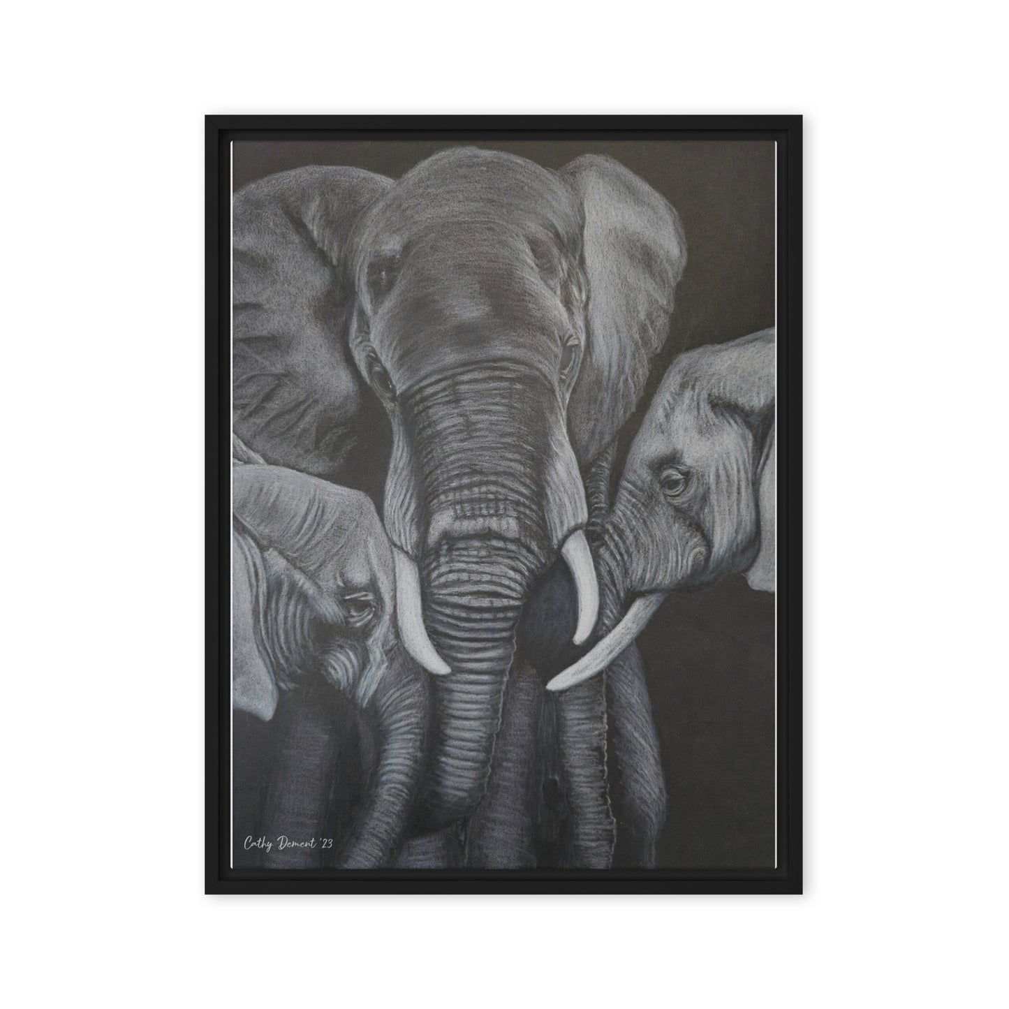 Framed Canvas Print - Strength in Numbers - Monochrome Elephant Family Artwork, Wall Art by Cathy Dement