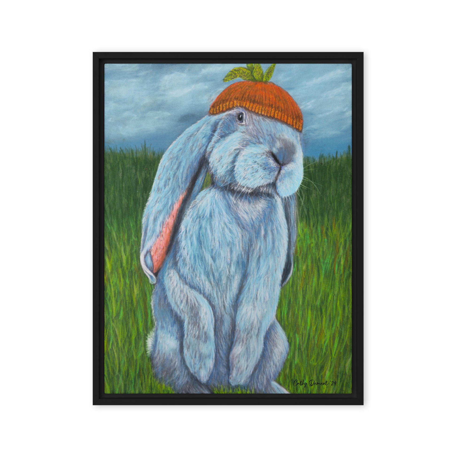 Carrot Couture Framed Canvas Print - Whimsical Rabbit in Knit Carrot Cap, Wall Art by Cathy Dement