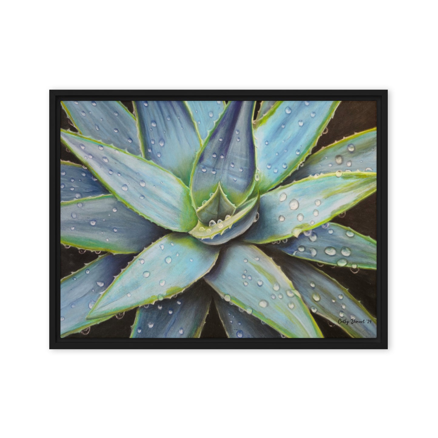 Framed Canvas Print - Desert Jewel , Vibrant Agave Plant with Dew Drops, Wall Art by Cathy Dement | 3 Frame Colors to Choose From