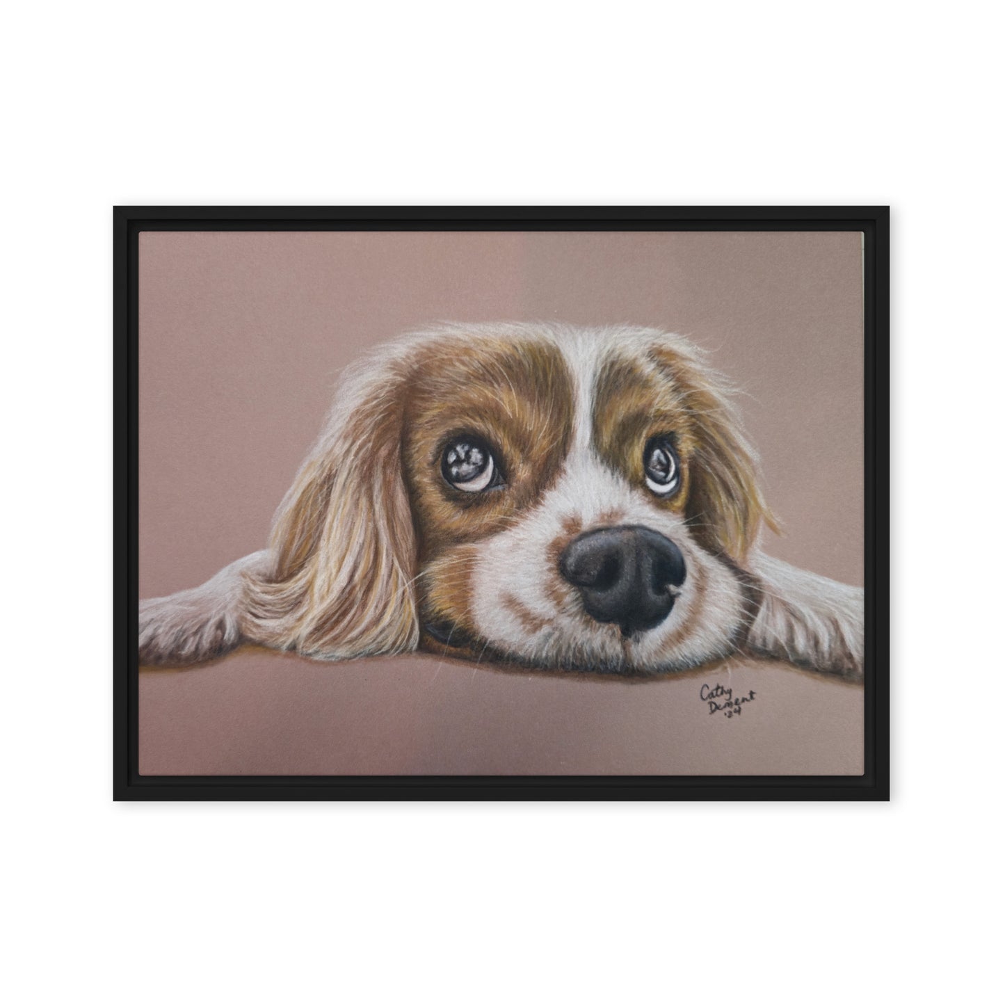 Framed Canvas Print - Cavalier Curiosity, King Charles Cavalier Spaniel Artwork, Cute Dog Wall Art by Cathy Dement, 3 Frame Colors