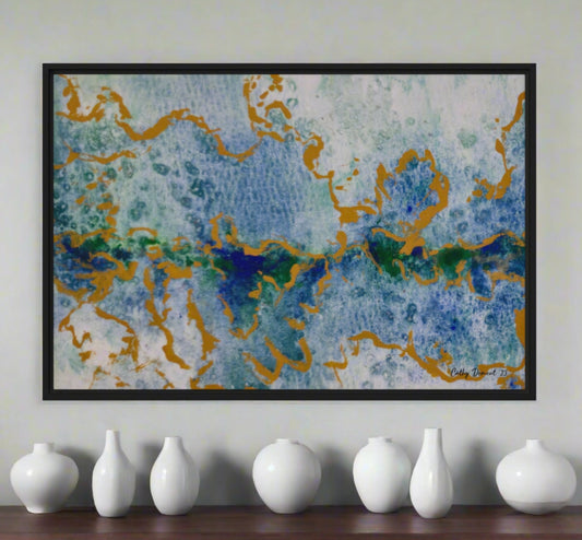 Celestial Dreamscape #2 - Abstract Watercolor Framed Canvas, Blue, Green, and Gold Print by cathy dement