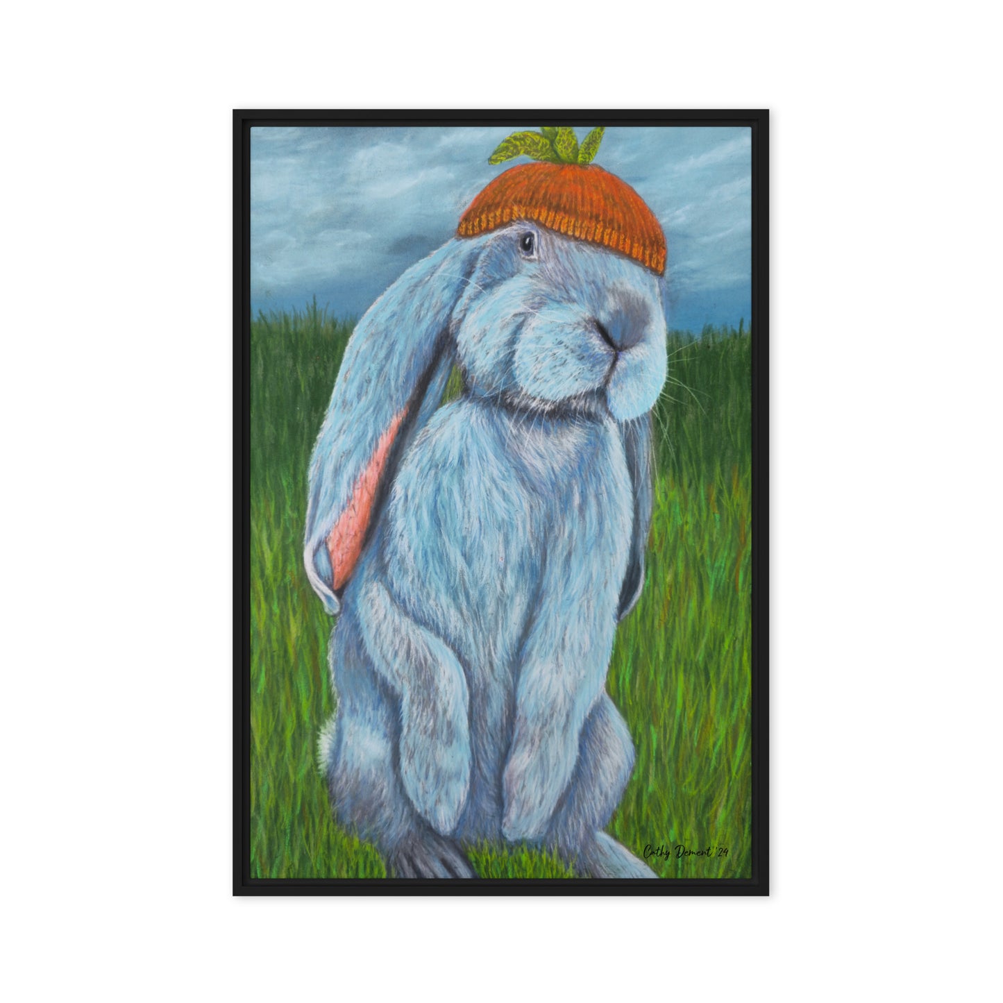 Framed Canvas Print - Carrot Couture, Whimsical Rabbit in Knit Carrot Cap, Wall Art by Cathy Dement