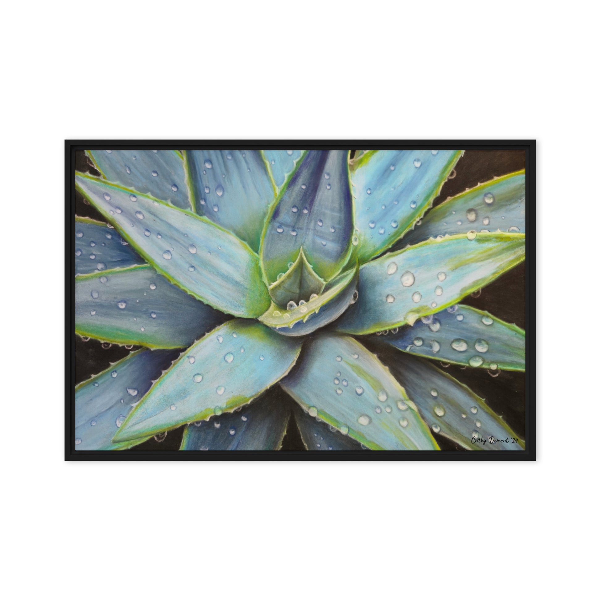 Dessert Jewel Framed Canvas Print - Vibrant Agave Plant with Dew Drops, Wall Art by Cathy Dement | Available in 3 Frame Colors