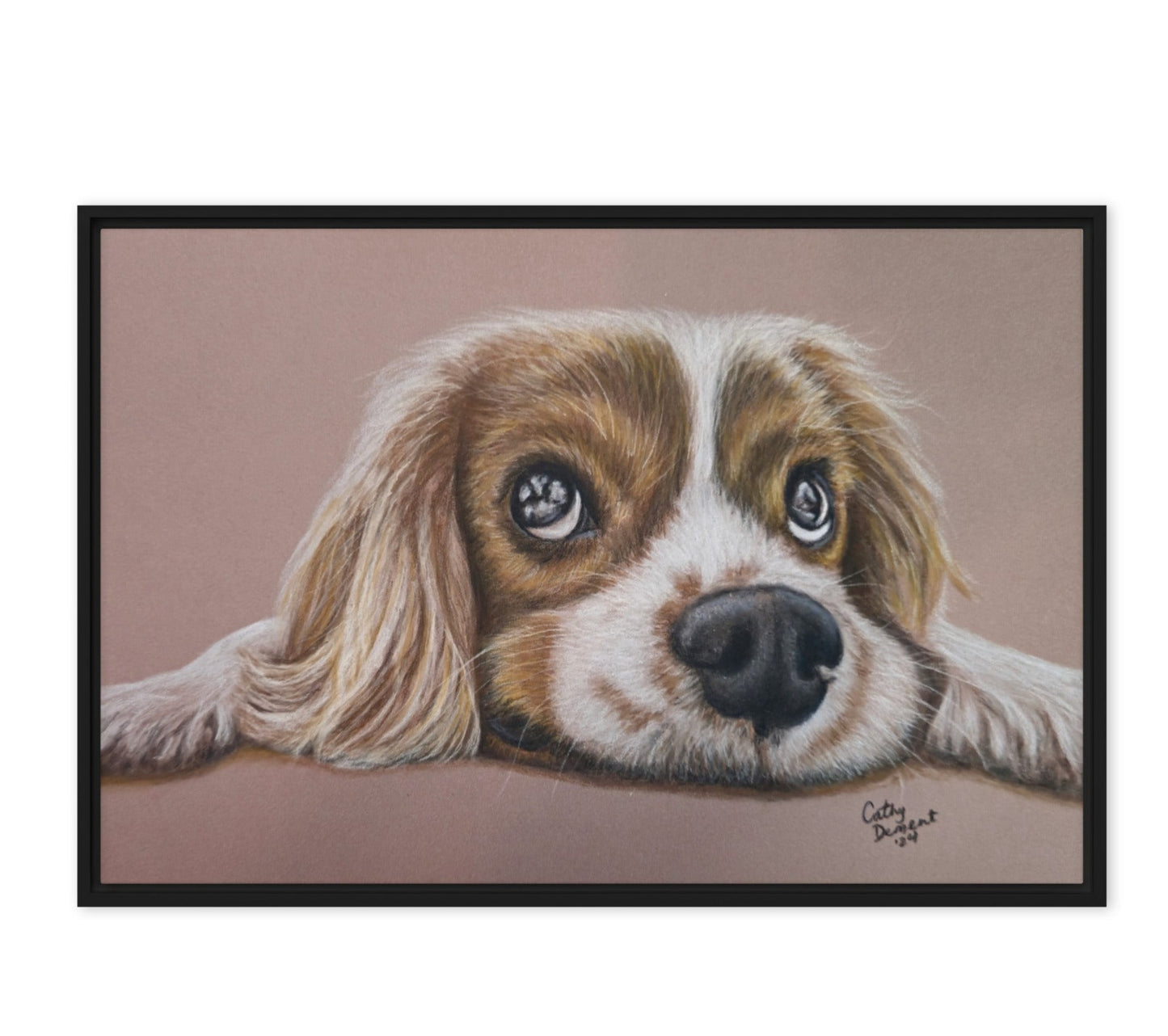 Cavalier Curiosity Framed Canvas Print - King Charles Cavalier Spaniel Artwork, Cute Dog Wall Art by Cathy Dement, Available in 3 Frame Colors