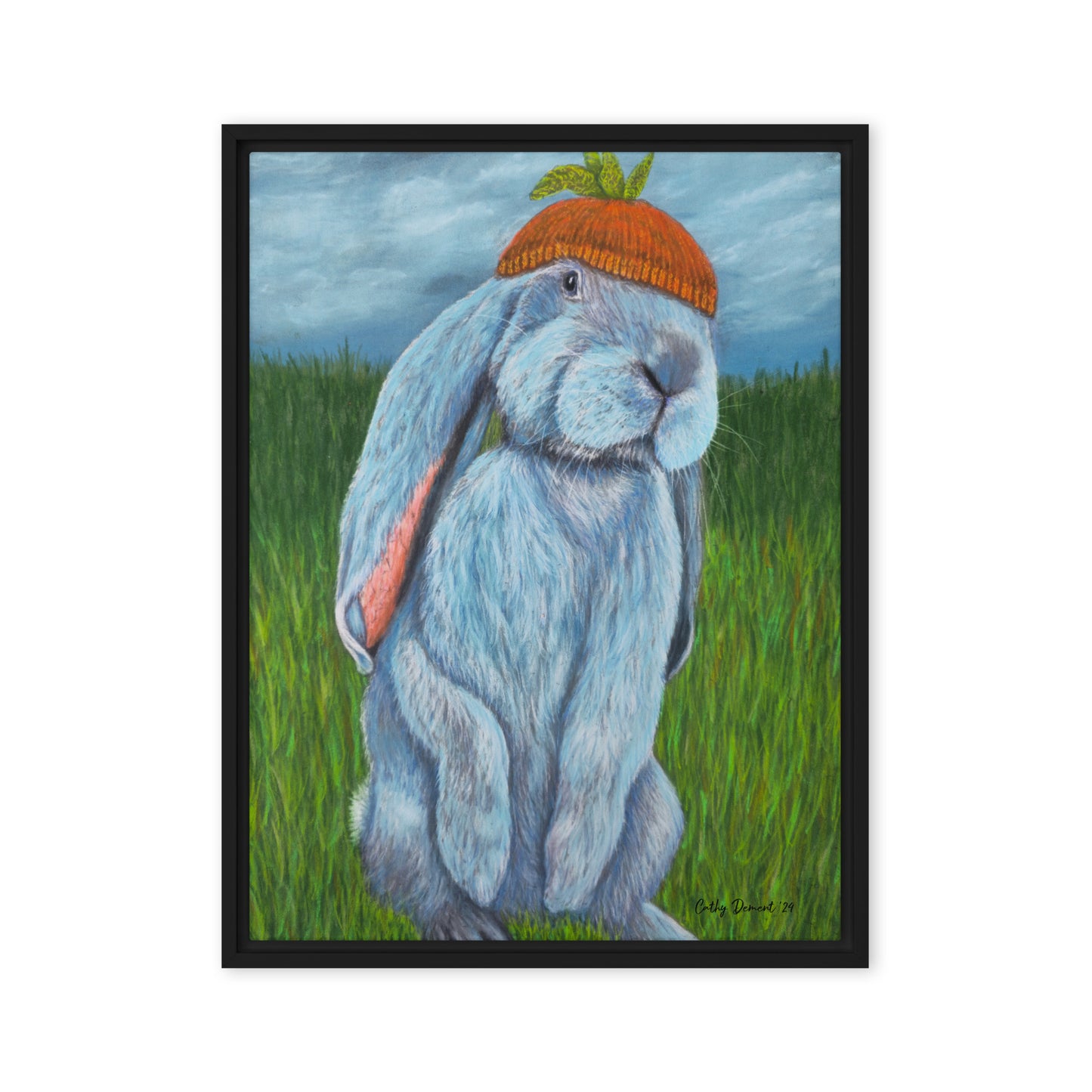 Framed Canvas Print - Carrot Couture, Whimsical Rabbit in Knit Carrot Cap, Wall Art by Cathy Dement