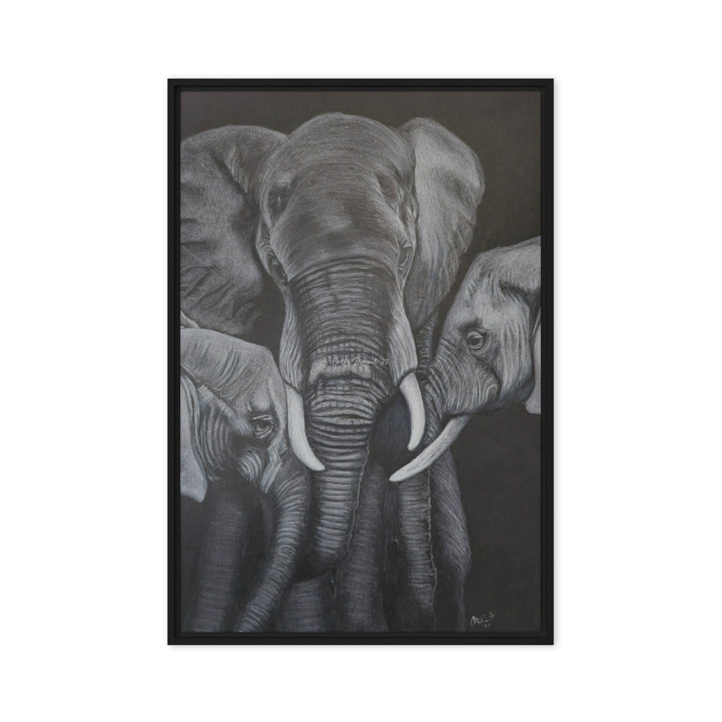 Framed Canvas Print - Strength in Numbers - Monochrome Elephant Family Artwork, Wall Art by Cathy Dement