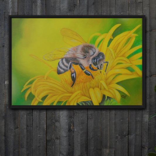 Framed Canvas Print - What's For Dinner, Honey? - Colorful Colorful Yellow Flower with Bee Artwork by Cathy Dement