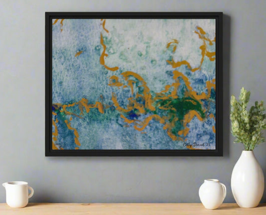 Celestial Dreamscape #1 - Abstract Watercolor Framed Canvas, Blue, Green, and Gold Print