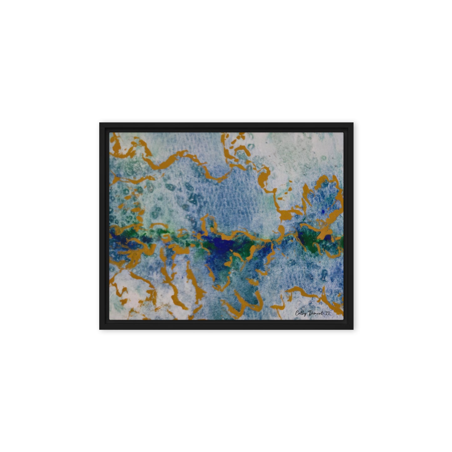 Framed Canvas Print - Celestial Dreamscape #2 - Abstract Watercolor, Blue, Green, and Gold Print, Wall Art