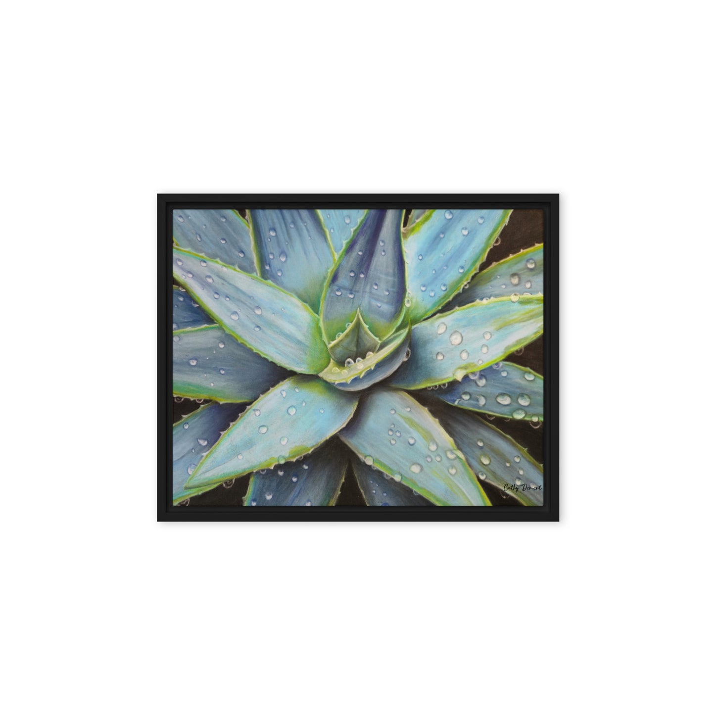 Framed Canvas Print - Desert Jewel , Vibrant Agave Plant with Dew Drops, Wall Art by Cathy Dement | 3 Frame Colors to Choose From