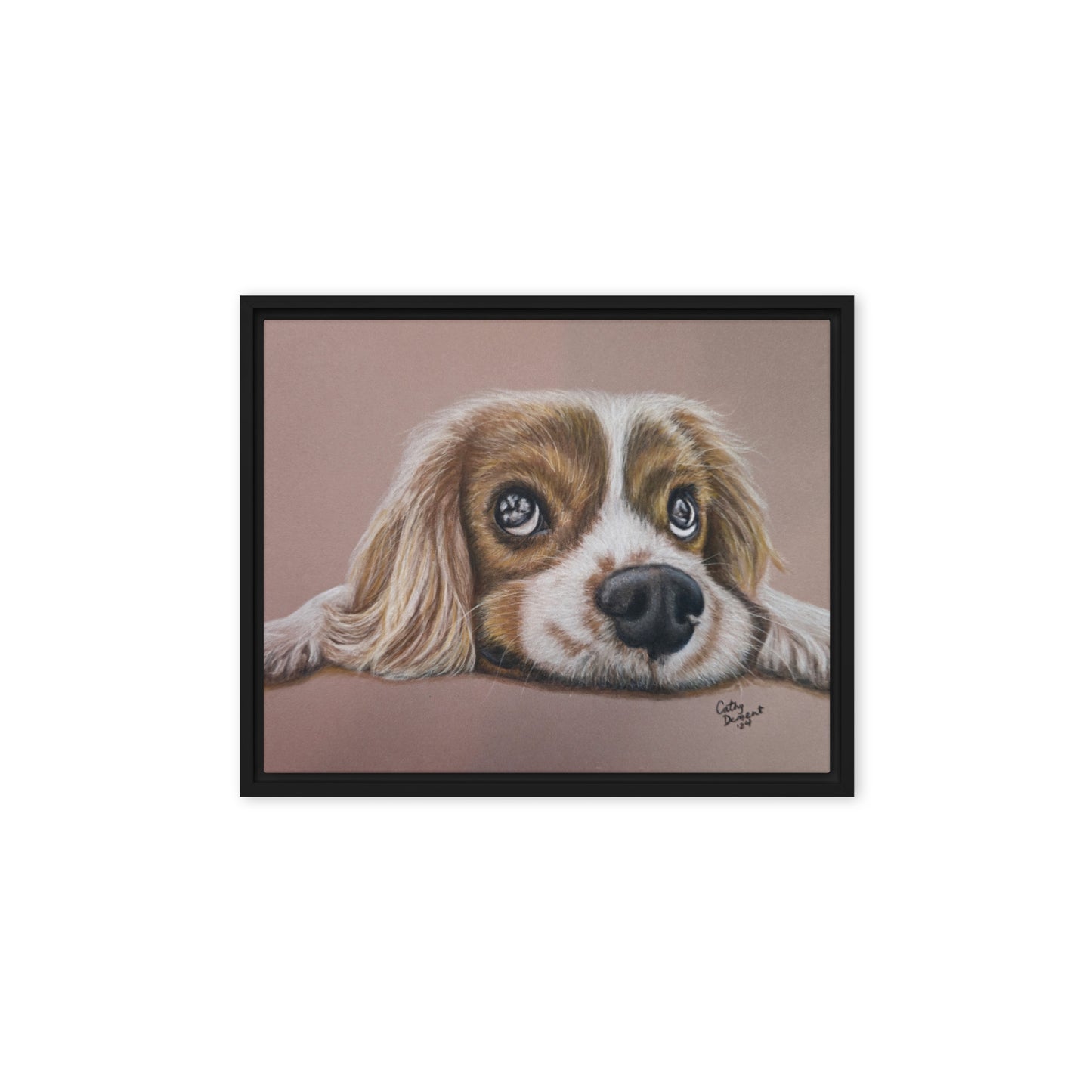 Framed Canvas Print - Cavalier Curiosity, King Charles Cavalier Spaniel Artwork, Cute Dog Wall Art by Cathy Dement, 3 Frame Colors