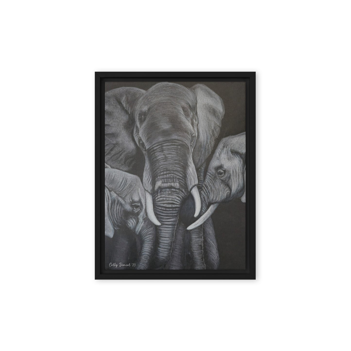 Framed Canvas Print - Strength in Numbers - Monochrome Elephant Family Artwork, Wall Art by Cathy Dement