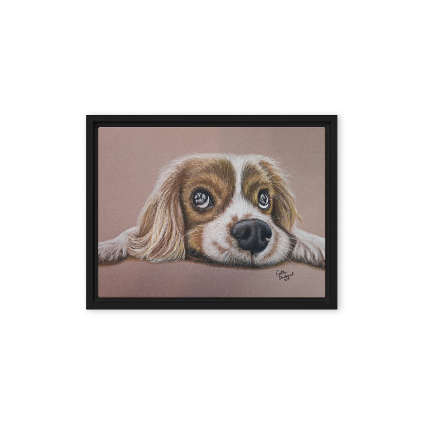 Framed Canvas Print - Cavalier Curiosity, King Charles Cavalier Spaniel Artwork, Cute Dog Wall Art by Cathy Dement, 3 Frame Colors