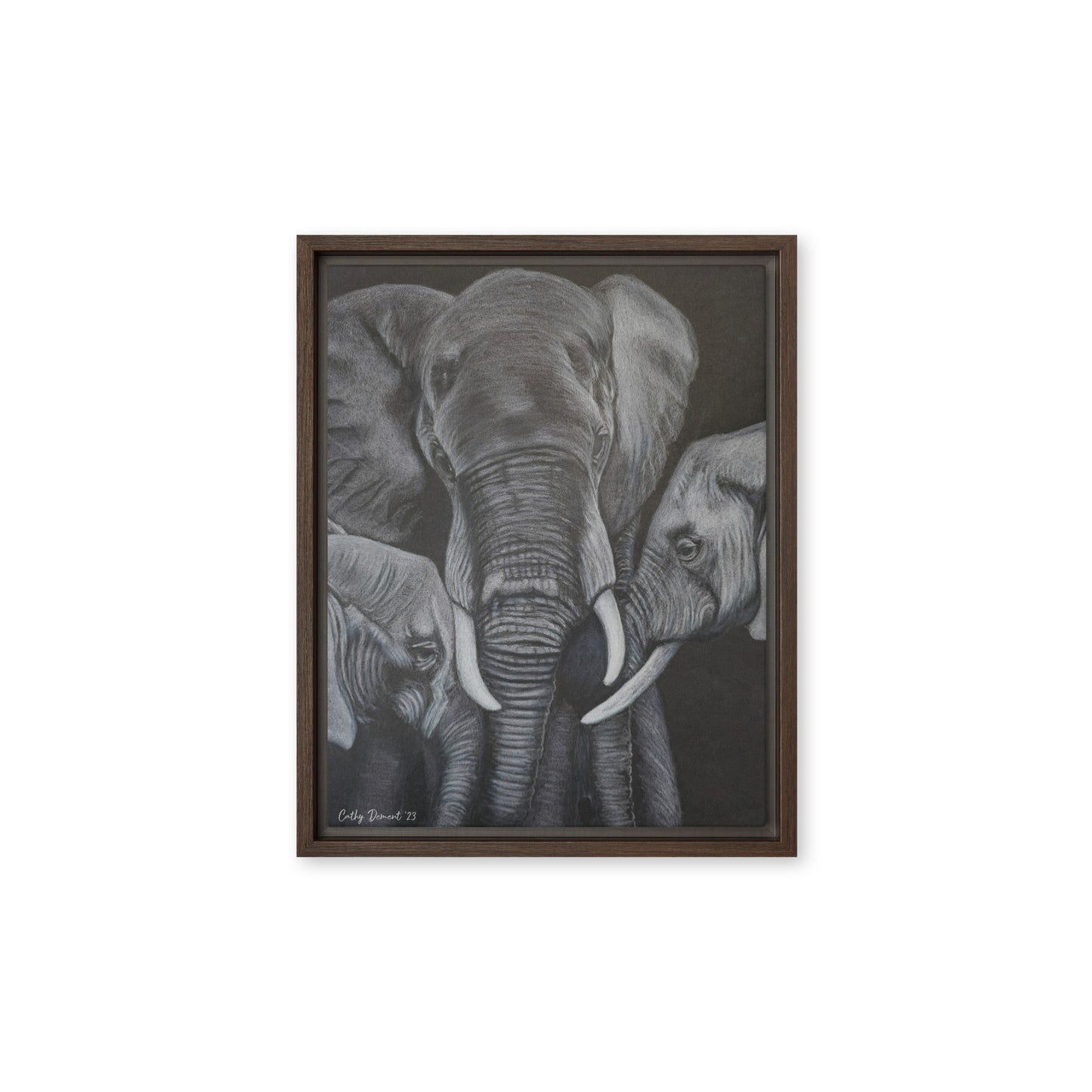 Framed Canvas Print - Strength in Numbers - Monochrome Elephant Family Artwork, Wall Art by Cathy Dement