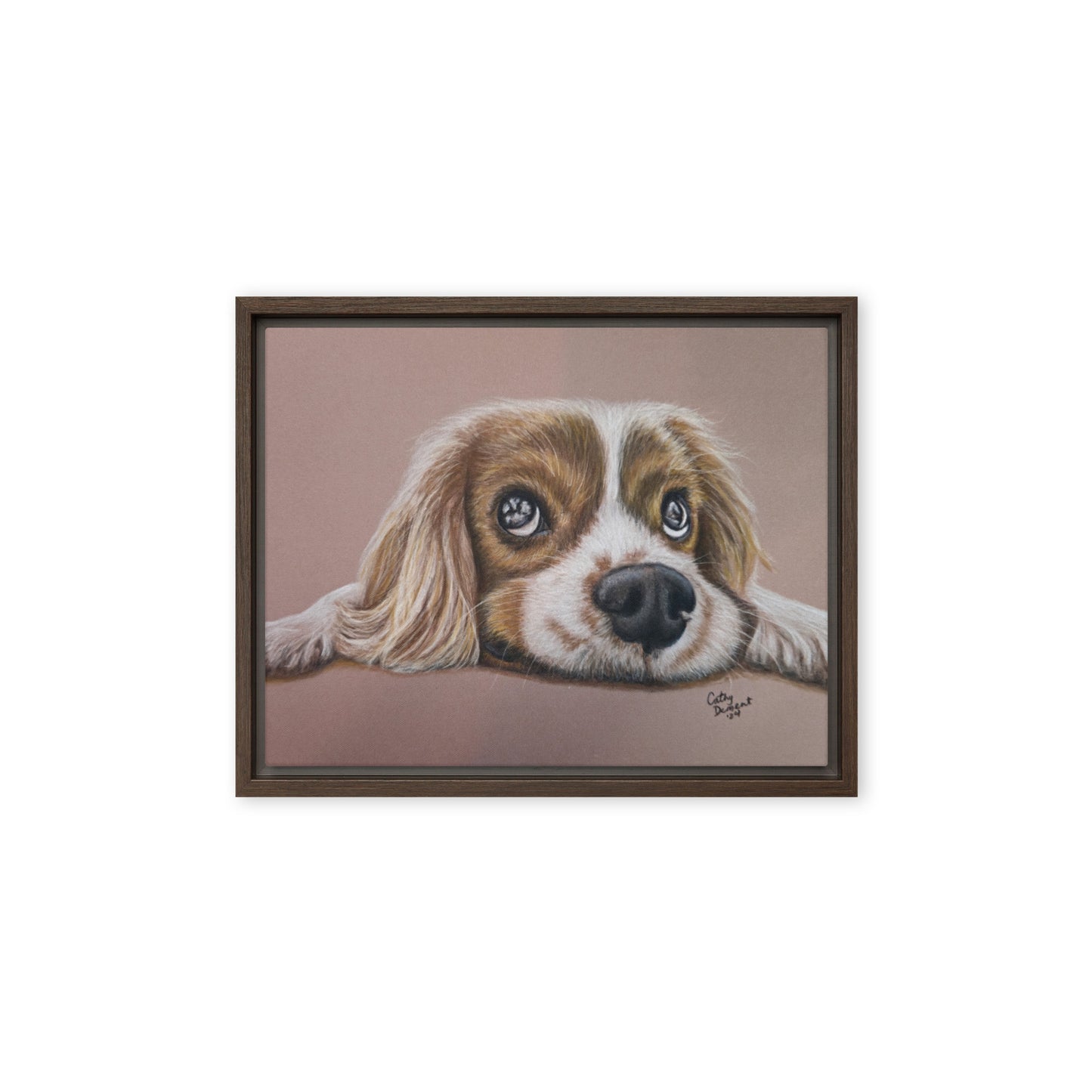 Framed Canvas Print - Cavalier Curiosity, King Charles Cavalier Spaniel Artwork, Cute Dog Wall Art by Cathy Dement, 3 Frame Colors