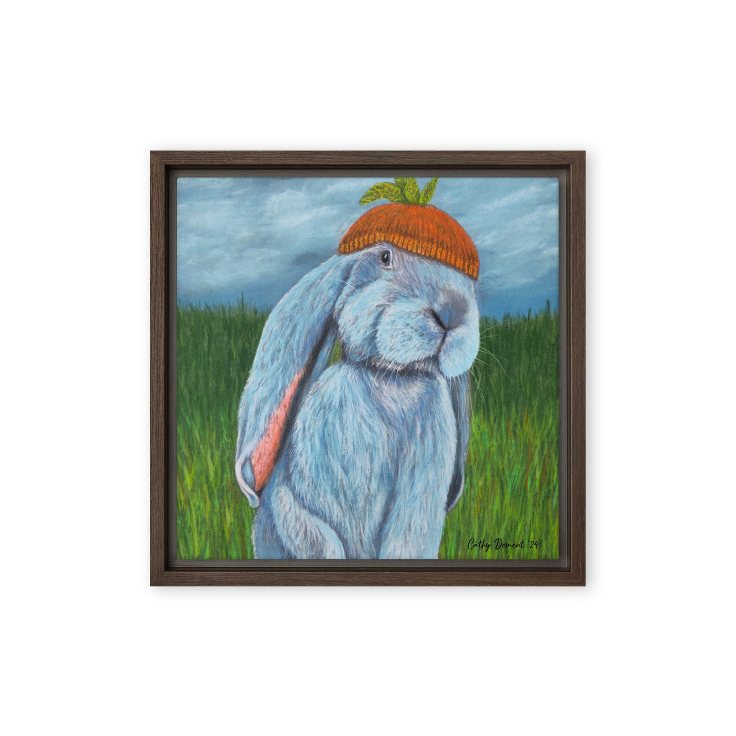 Framed Canvas Print - Carrot Couture, Whimsical Rabbit in Knit Carrot Cap, Wall Art by Cathy Dement