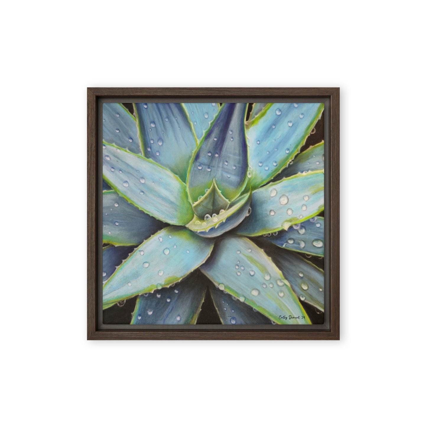 Framed Canvas Print - Desert Jewel , Vibrant Agave Plant with Dew Drops, Wall Art by Cathy Dement | 3 Frame Colors to Choose From