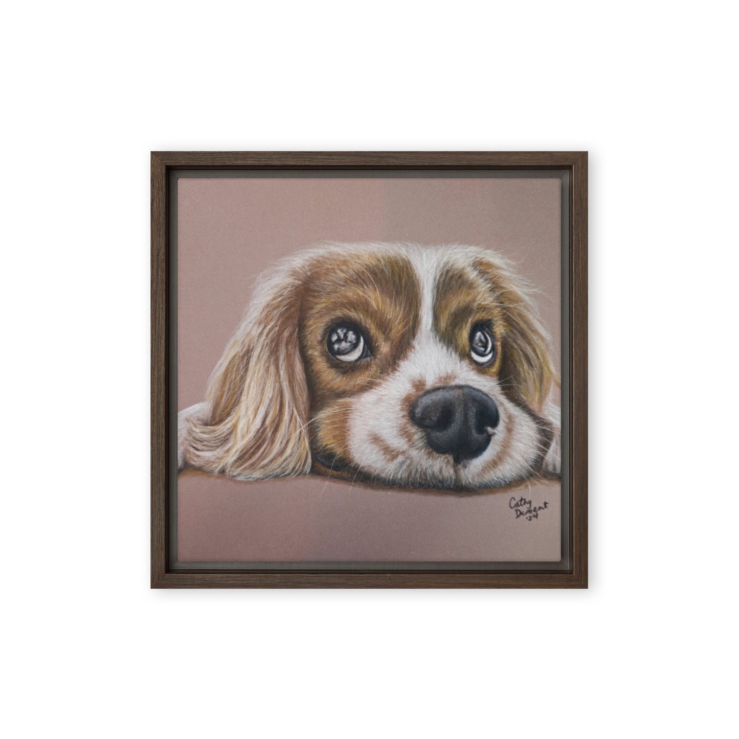 Framed Canvas Print - Cavalier Curiosity, King Charles Cavalier Spaniel Artwork, Cute Dog Wall Art by Cathy Dement, 3 Frame Colors