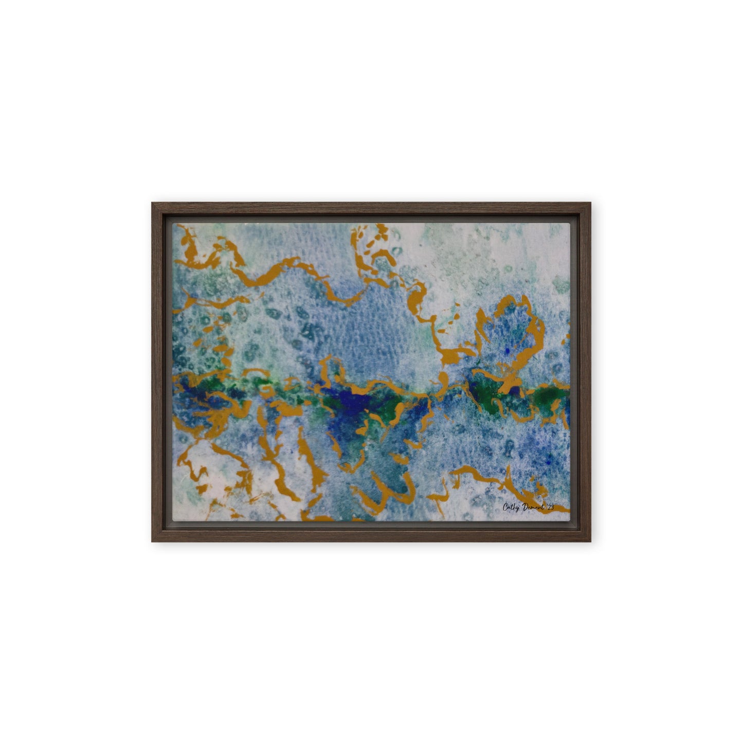 Framed Canvas Print - Celestial Dreamscape #2 - Abstract Watercolor, Blue, Green, and Gold Print, Wall Art